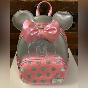 Loungefly Disney Minnie Mouse Silver Platinum Iridescent Pink Mini Backpack-NWT